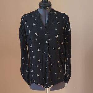 All Saints Black Blouse with Cream Floral Design